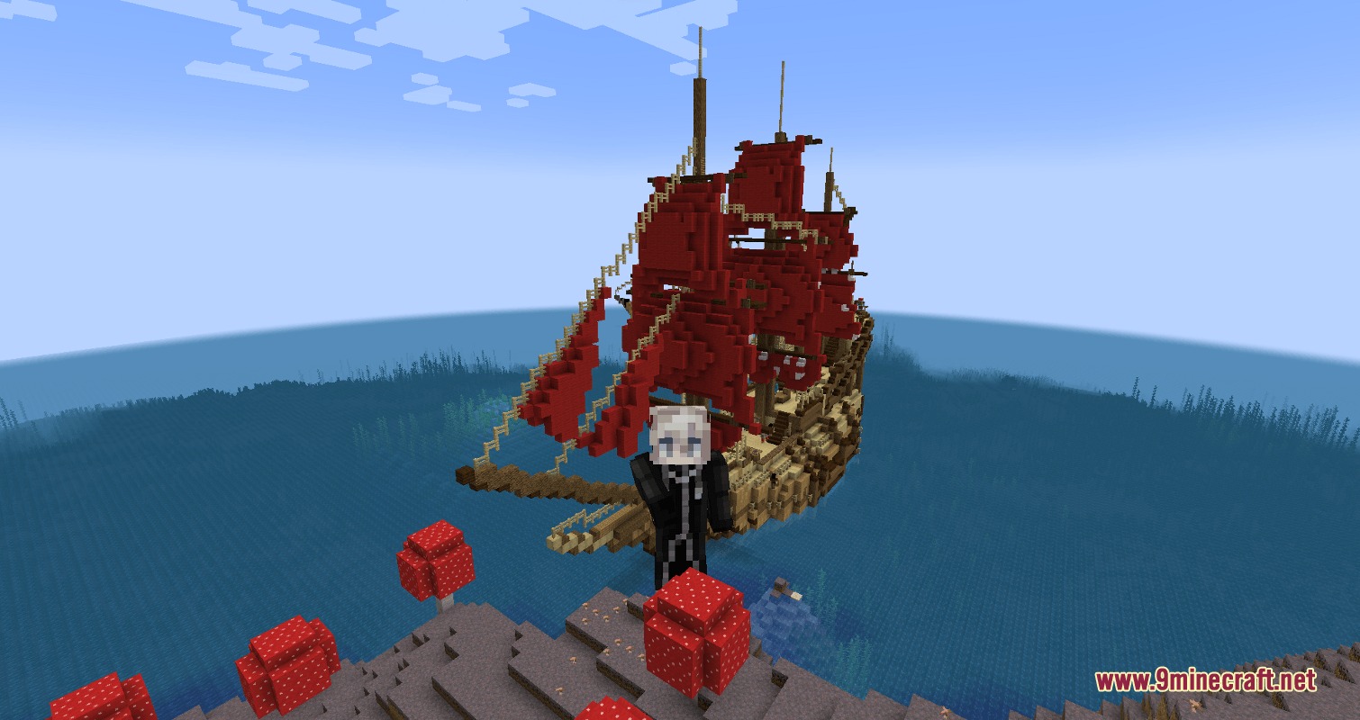 Unbound Fruit Potential Mod Screenshot 2 Player character standing before a large pirate ship with vibrant red sails