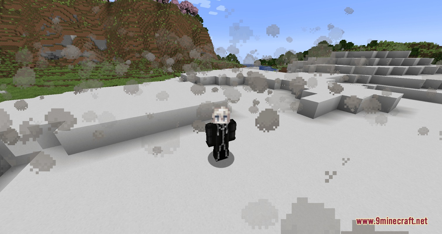 Unbound Fruit Potential Mod Screenshot 4 Minecraft character standing in a snowy biome surrounded by grey smoke particles