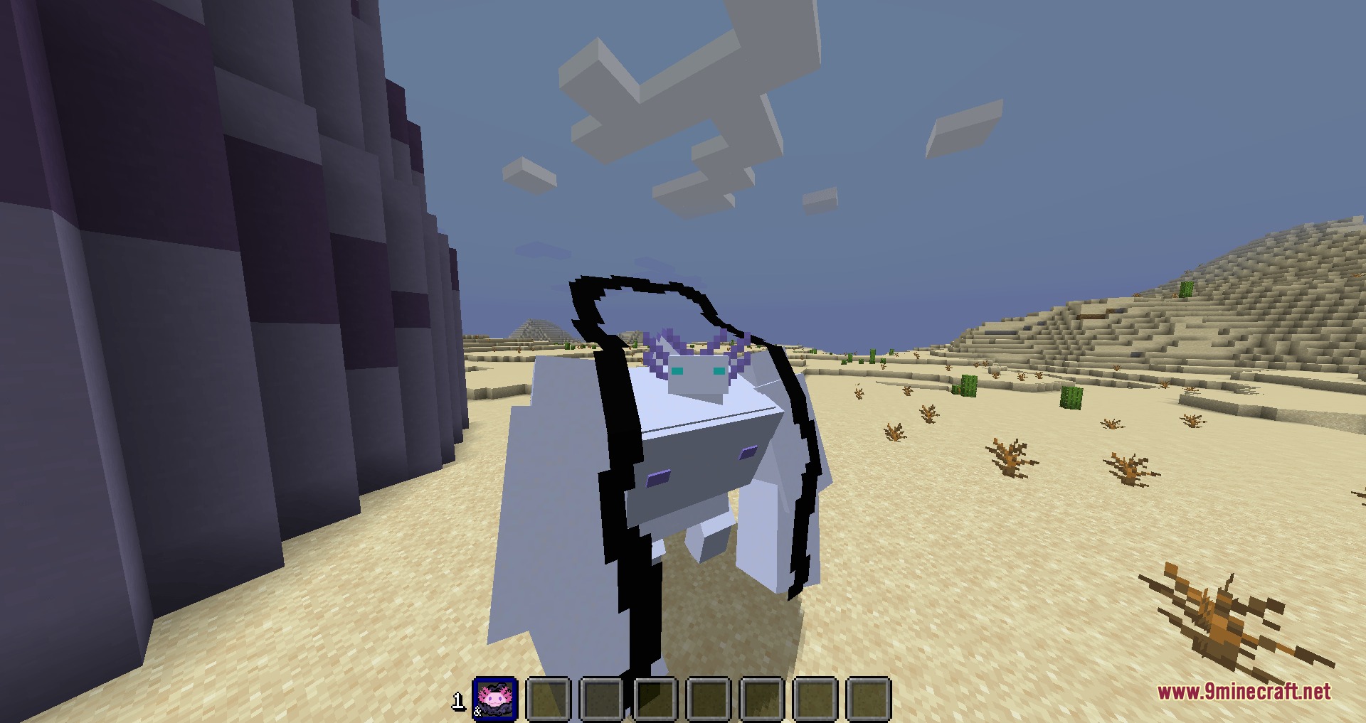 Unbound Fruit Potential Mod Screenshot 5 A player transformed into a giant white axolotl beast in a desert biome