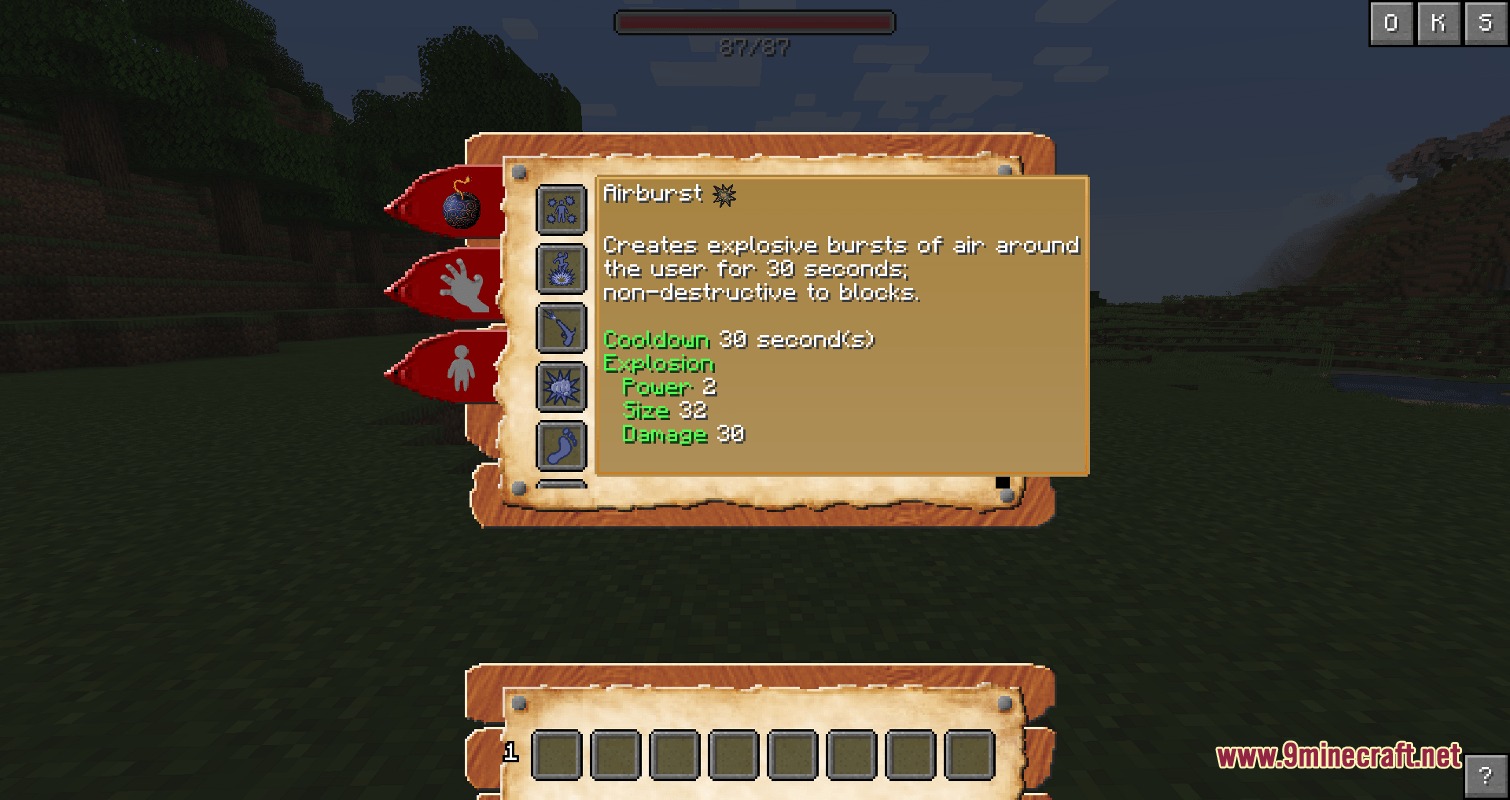 Unbound Fruit Potential Mod Screenshot 7 The Airburst skill description menu from the Unbound Fruit Potential mod in Minecraft