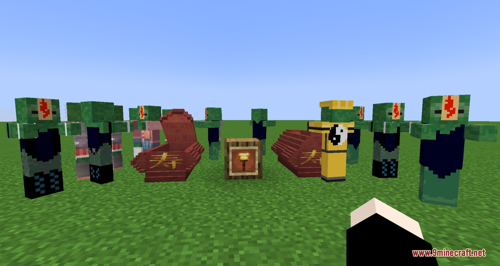 Uncanny Horror Manifest Mod Screenshot 3 Hopping Jiangshi undead mobs standing near red mangrove coffins on a grassy field