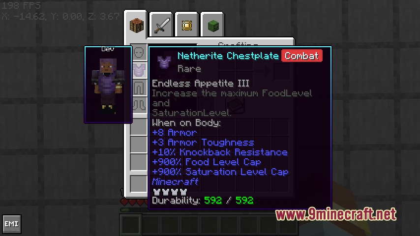 Uncharted Arcana Mod Screenshot 3 Netherite Chestplate with Endless Appetite enchantment in the Uncharted Arcana Mod