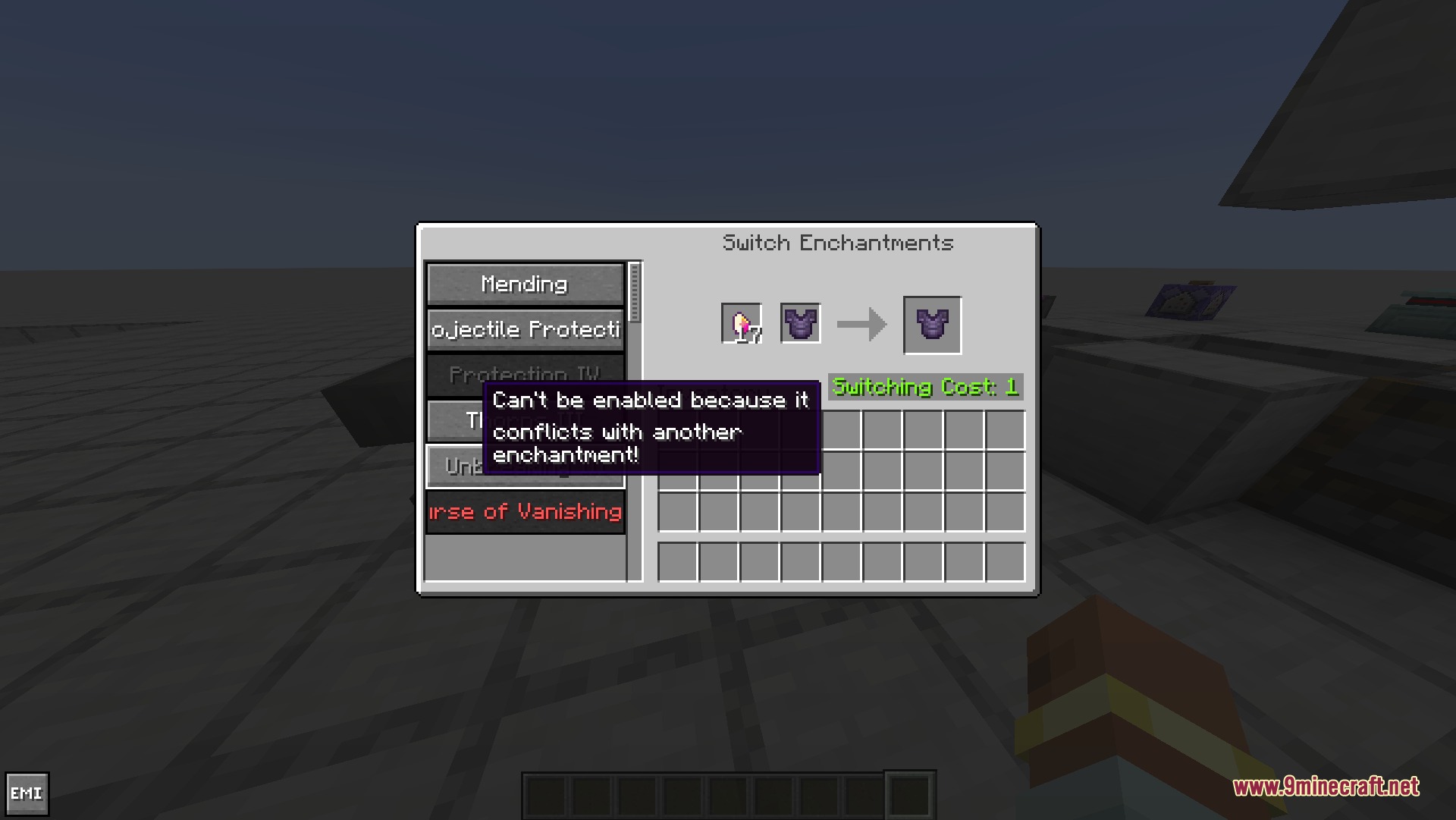 Uncharted Arcana Mod Screenshot 5 The Enchanter Workbench interface showing enchantment conflicts on a netherite chestplate