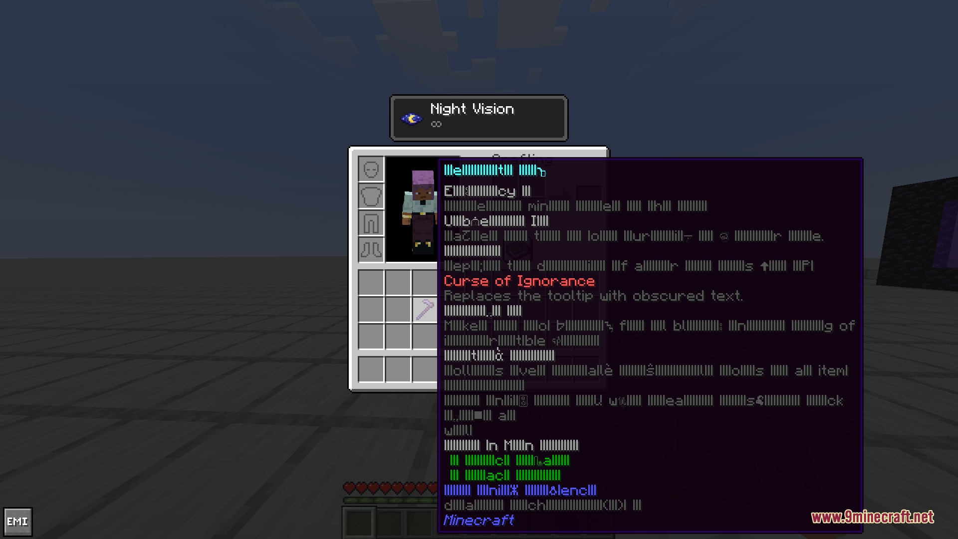 Uncharted Arcana Mod Screenshot 6 An item tooltip obscured by the Curse of Ignorance in the inventory