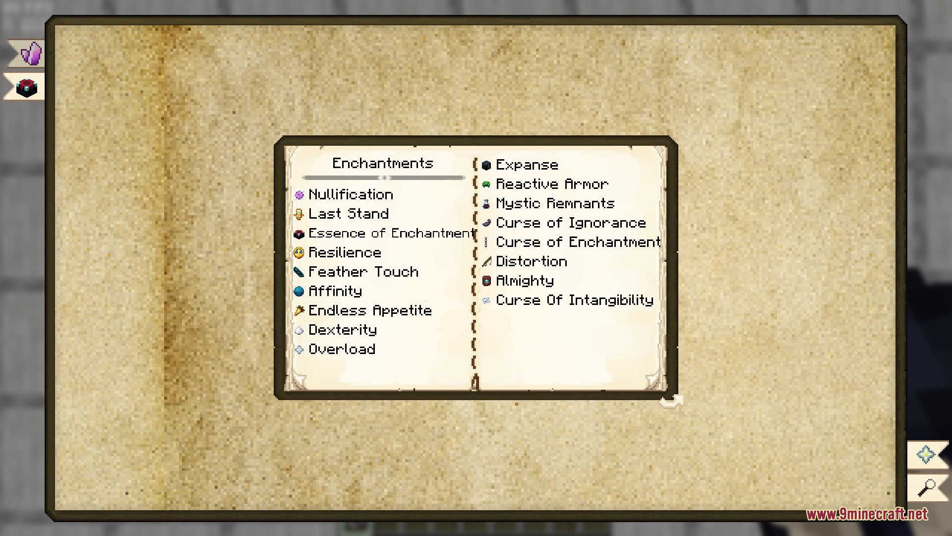 Uncharted Arcana Mod Screenshot 7 An open book menu displaying a list of unique enchantments and curses