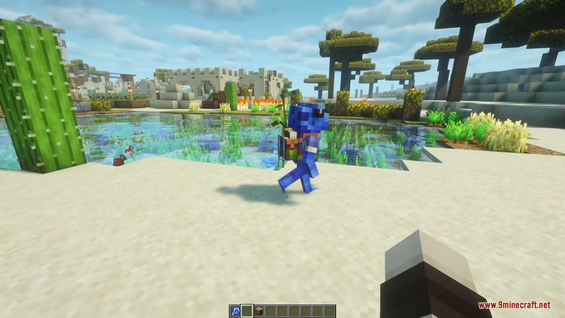 Unending Horizon Cycle Mod Screenshot 1 A blue Froglet companion with a backpack walks near a desert oasis