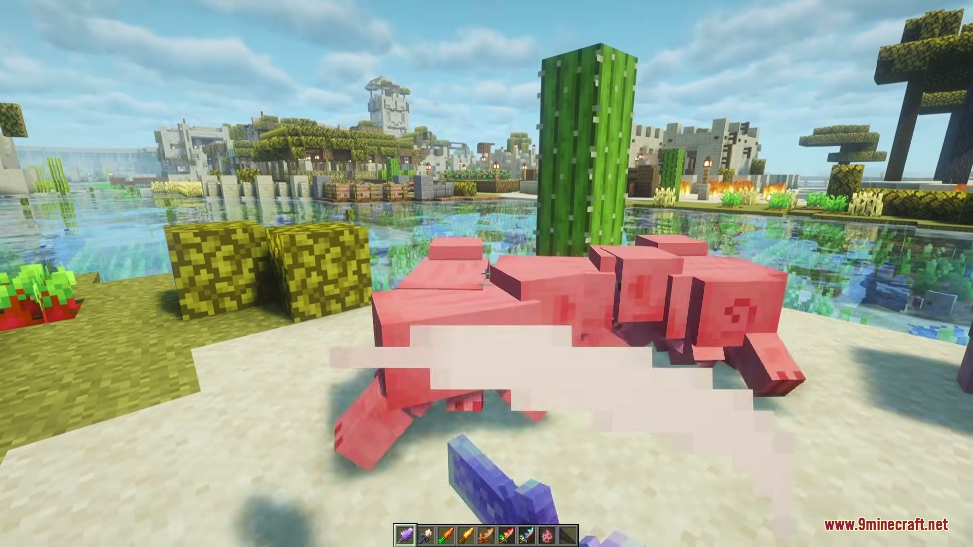 Unending Horizon Cycle Mod Screenshot 4 A player attacks a pig with a sword near a desert village