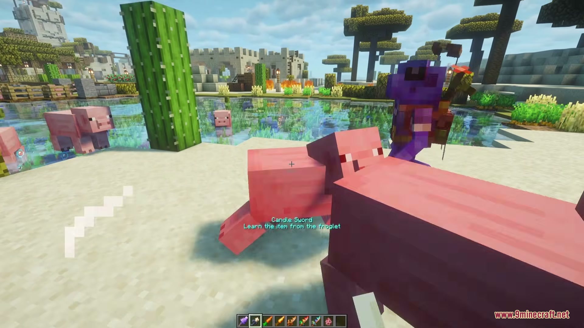 Unending Horizon Cycle Mod Screenshot 7 A player wearing purple armor stands near pigs on a sandy shore