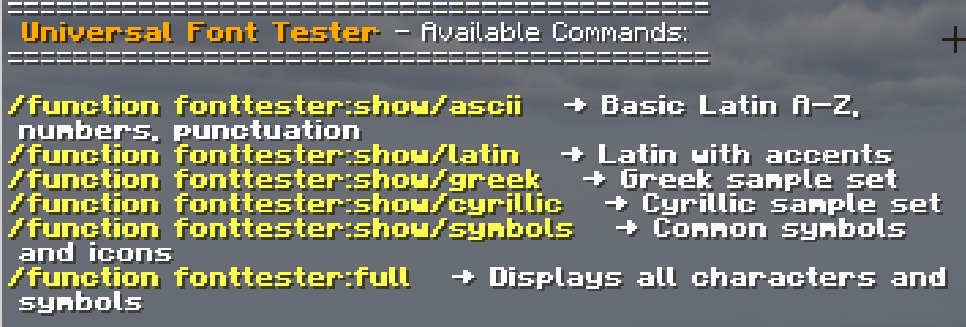 Universal Font Tester Data Pack Screenshot 1 Universal Font Tester commands displayed in the chat for checking text styles