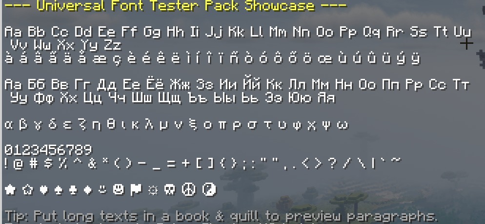 Universal Font Tester Data Pack Screenshot 2 Showcase of various alphabets and symbols displayed within the Minecraft chat window