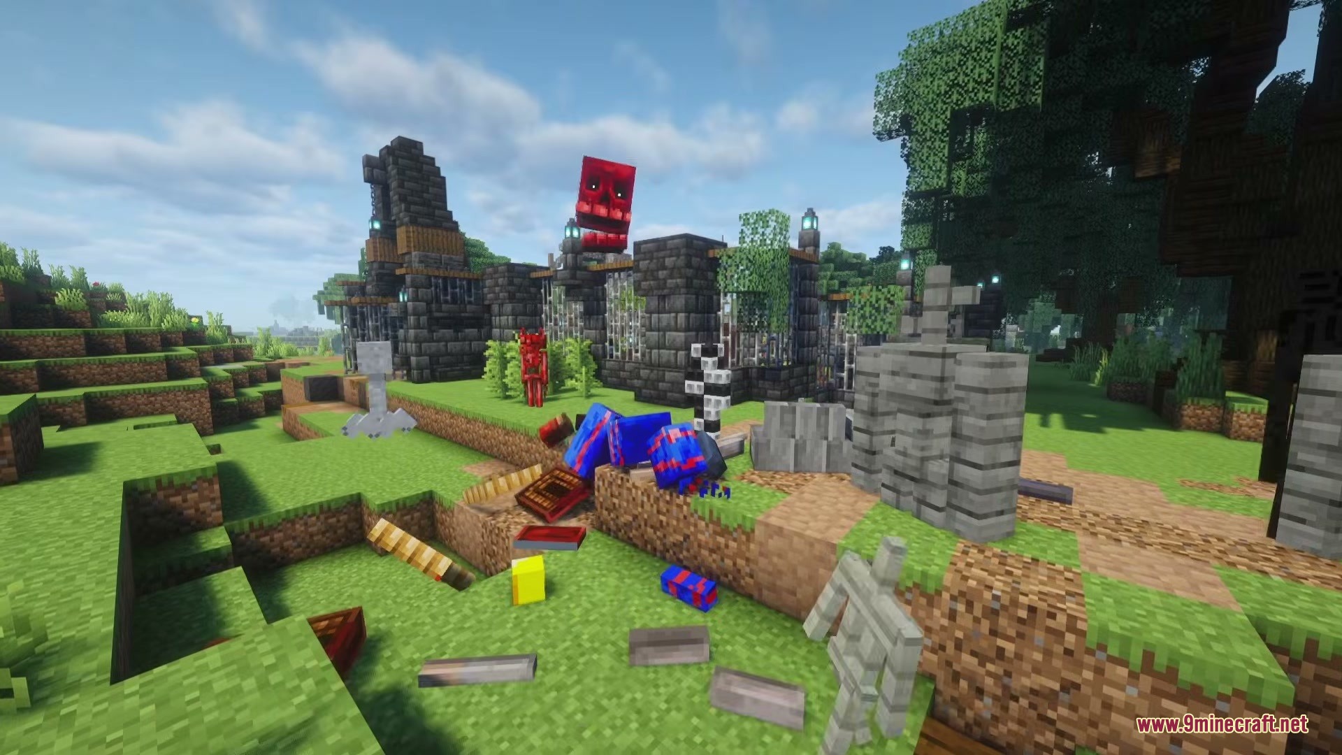 A giant red skull floats above strange mobs and a dark stone building