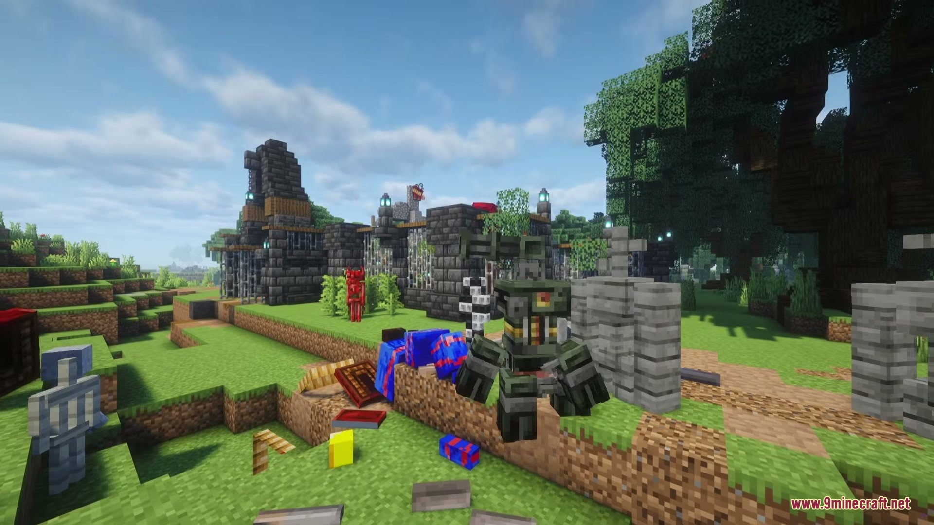 A bizarre mechanical creature stands near a dark fortress with scattered colorful blocks