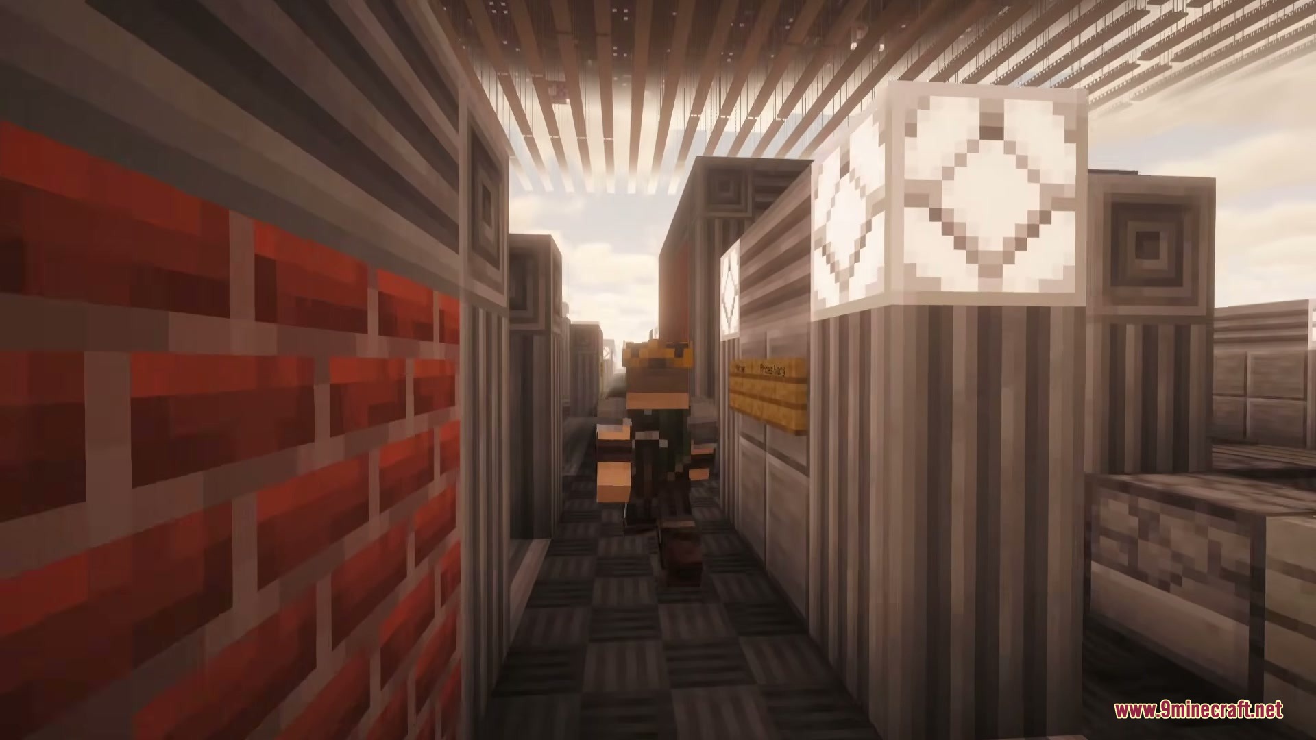 Player walking down a narrow hallway featuring unusual textures and glowing light blocks