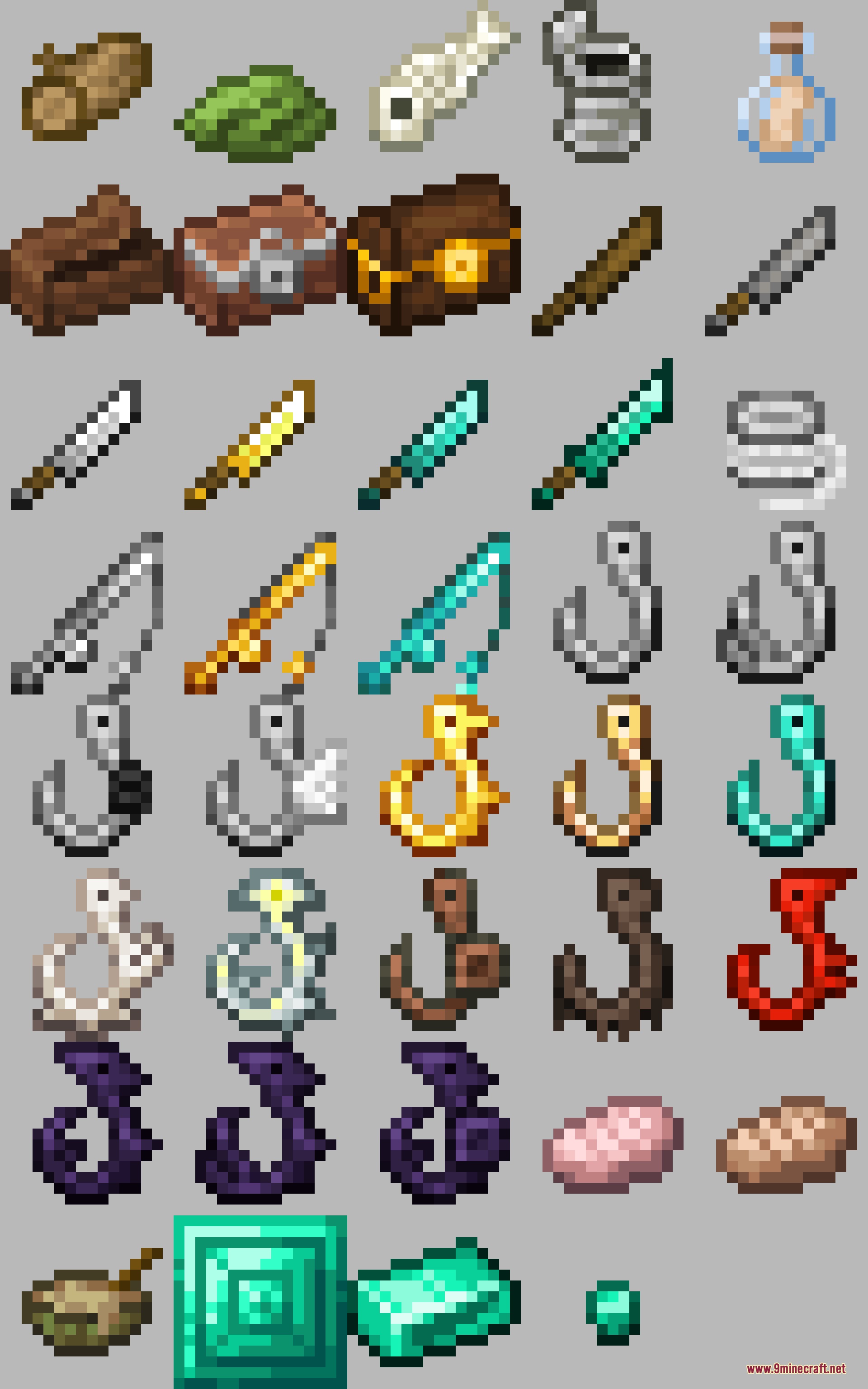 Updated Aquaculture 9minecraft Resource Pack Screenshot 2 Fishing equipment including rods hooks knives and neptunium items in pixel art