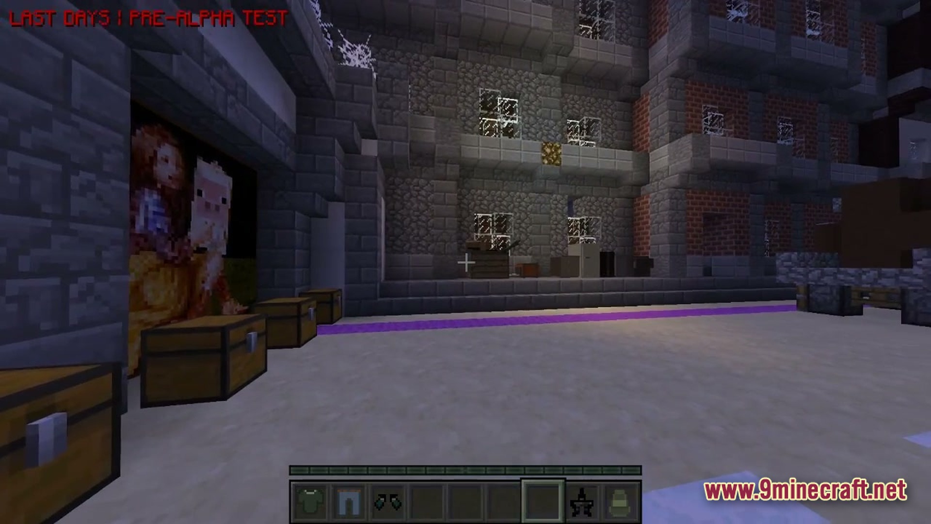 Urban Fracture Nightfall Modpack Screenshot 1 A multi-story stone and brick urban structure featuring chests, paintings, and a custom user interface