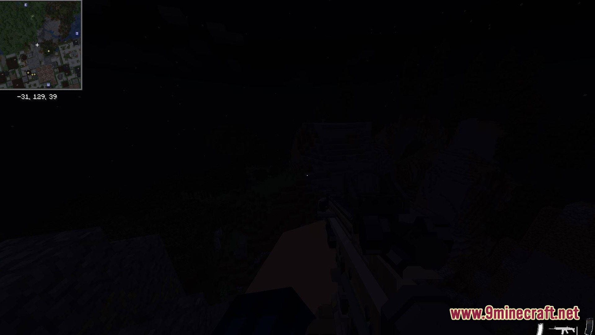 Urban Fracture Nightfall Modpack Screenshot 10 A first-person view of a player holding a firearm during nighttime in a dark Minecraft environment