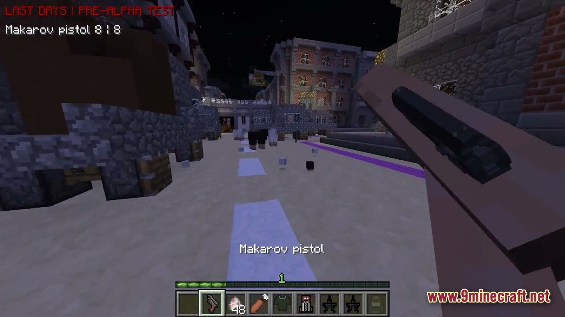 Urban Fracture Nightfall Modpack Screenshot 4 A player holds a Makarov pistol while exploring a city street at night in Minecraft