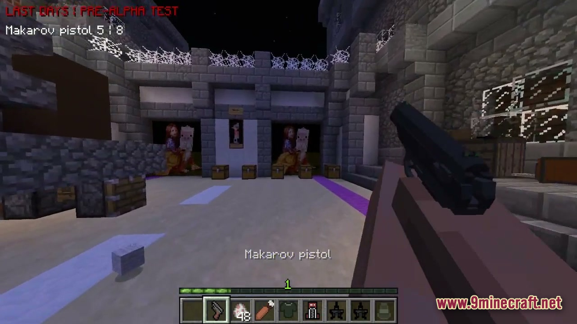Urban Fracture Nightfall Modpack Screenshot 5 A player holds a Makarov pistol in a stone courtyard with chests and paintings at night