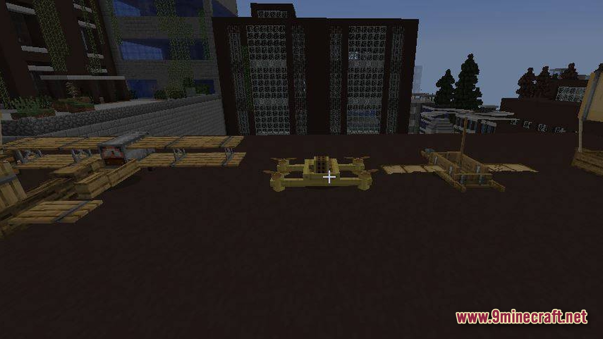 Urban Fracture Nightfall Modpack Screenshot 7 Various wooden aircraft and drones sit on a dark rooftop within a post-apocalyptic city environment