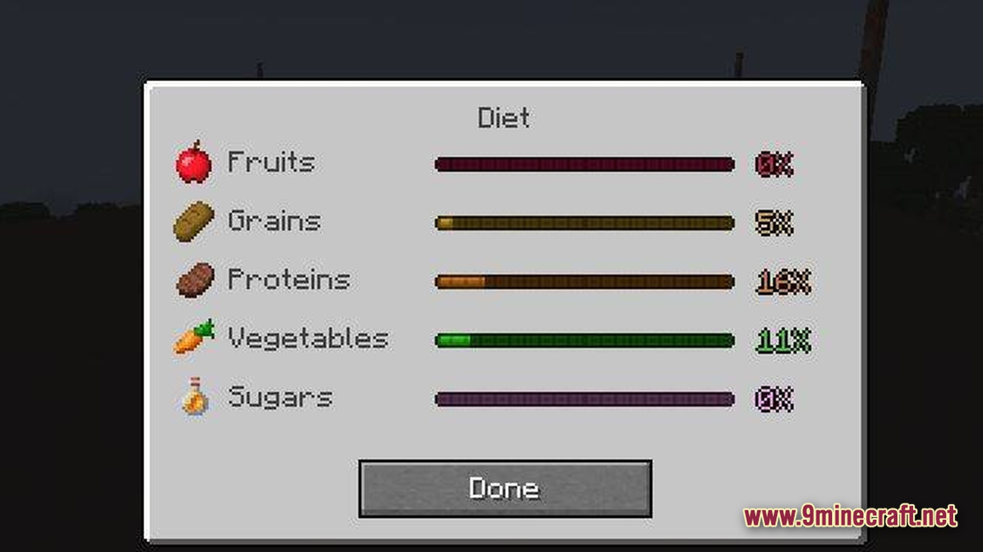 Urban Fracture Nightfall Modpack Screenshot 9 A diet interface menu displaying nutritional categories including fruits, grains, proteins, vegetables, and sugars