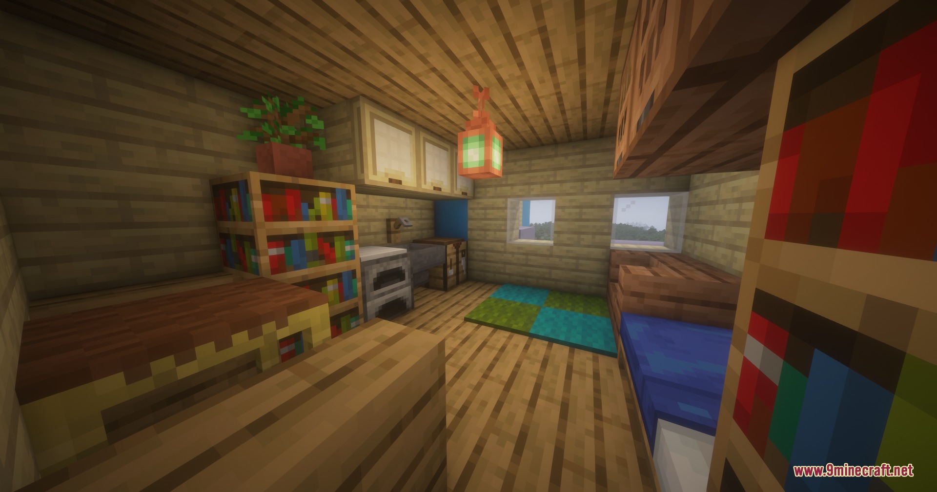 A cozy apartment interior with bookshelves a hanging lantern and blue bed