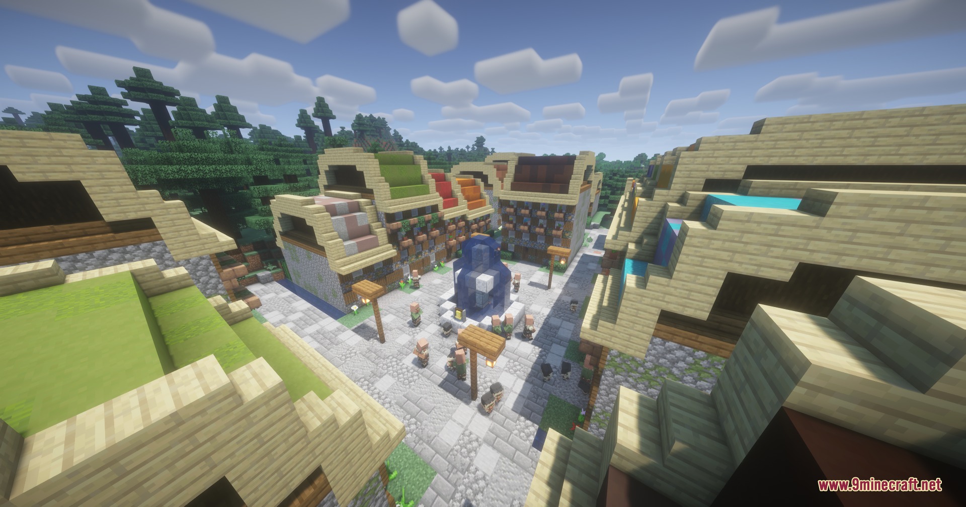 Villagers walking through a detailed town square with a fountain and colorful houses