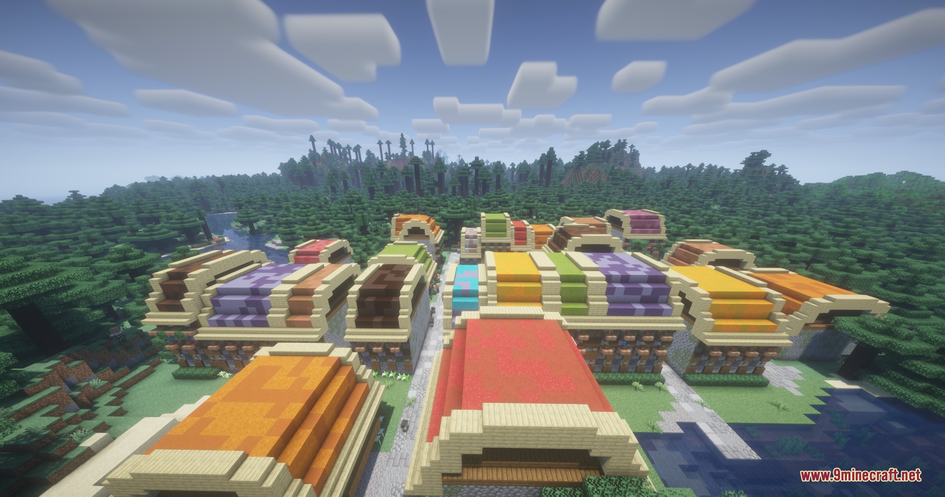 A cluster of colorful houses with curved roofs in a forest biome