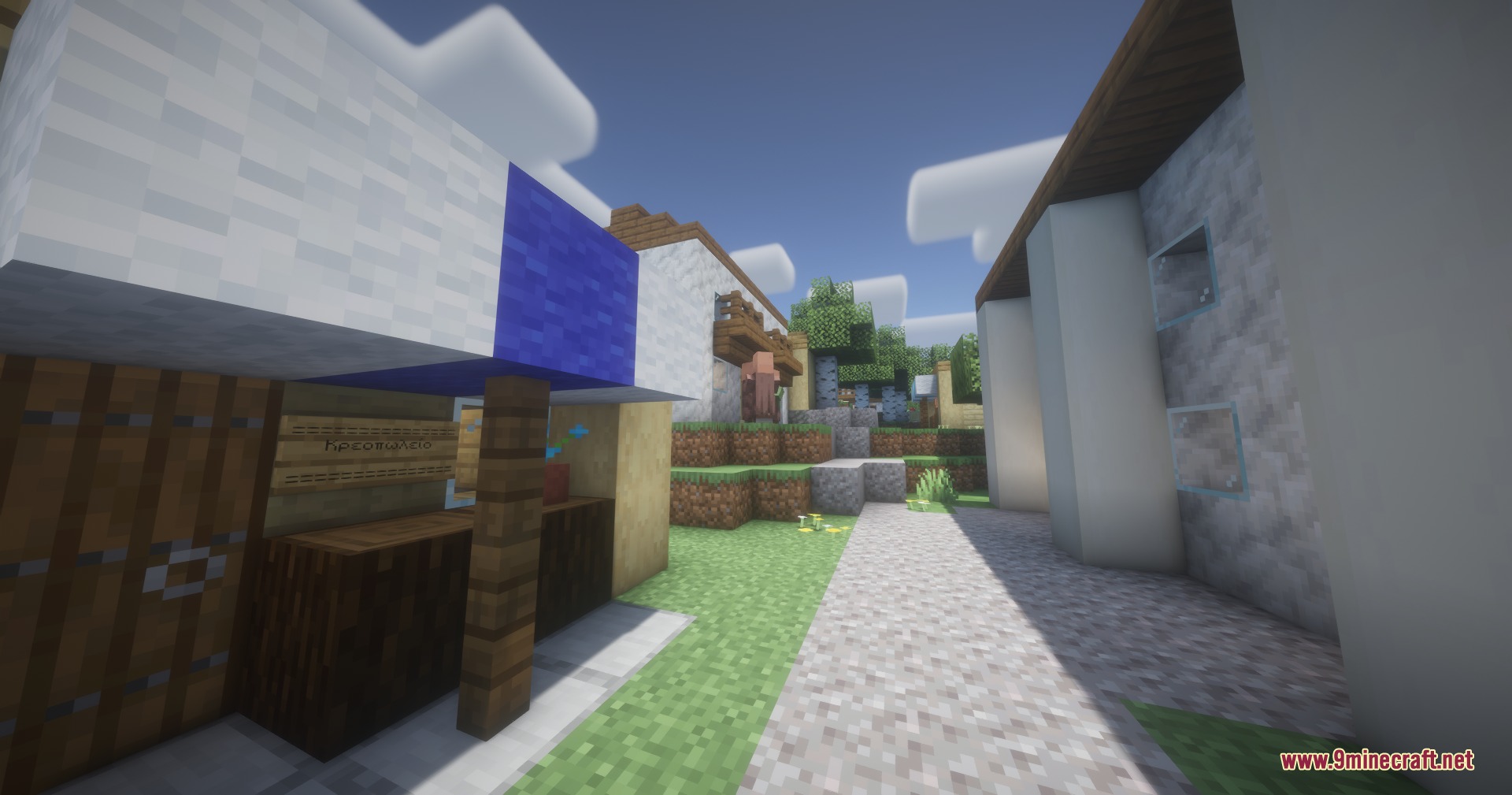 A villager stands near a market stall in a Greek style birch settlement