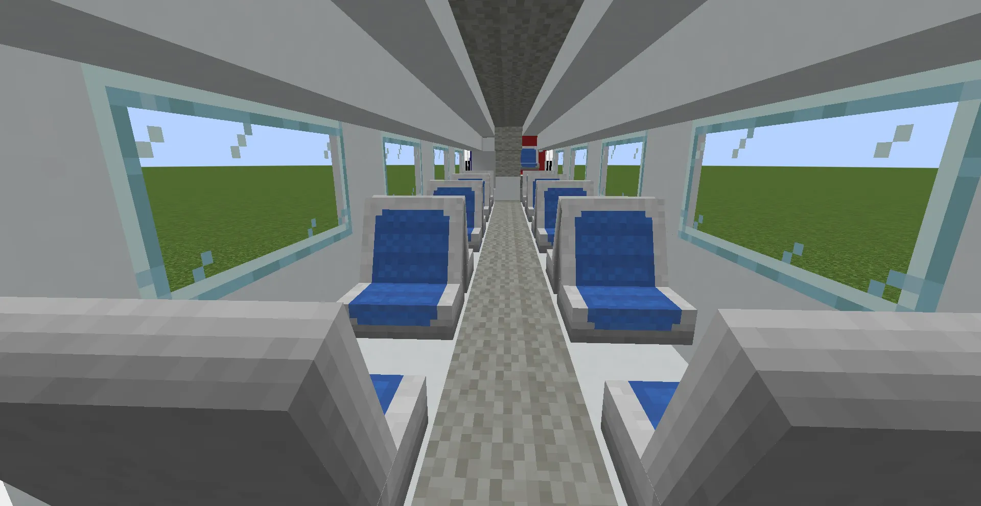 Interior view of a Minecraft train car featuring blue seats and windows