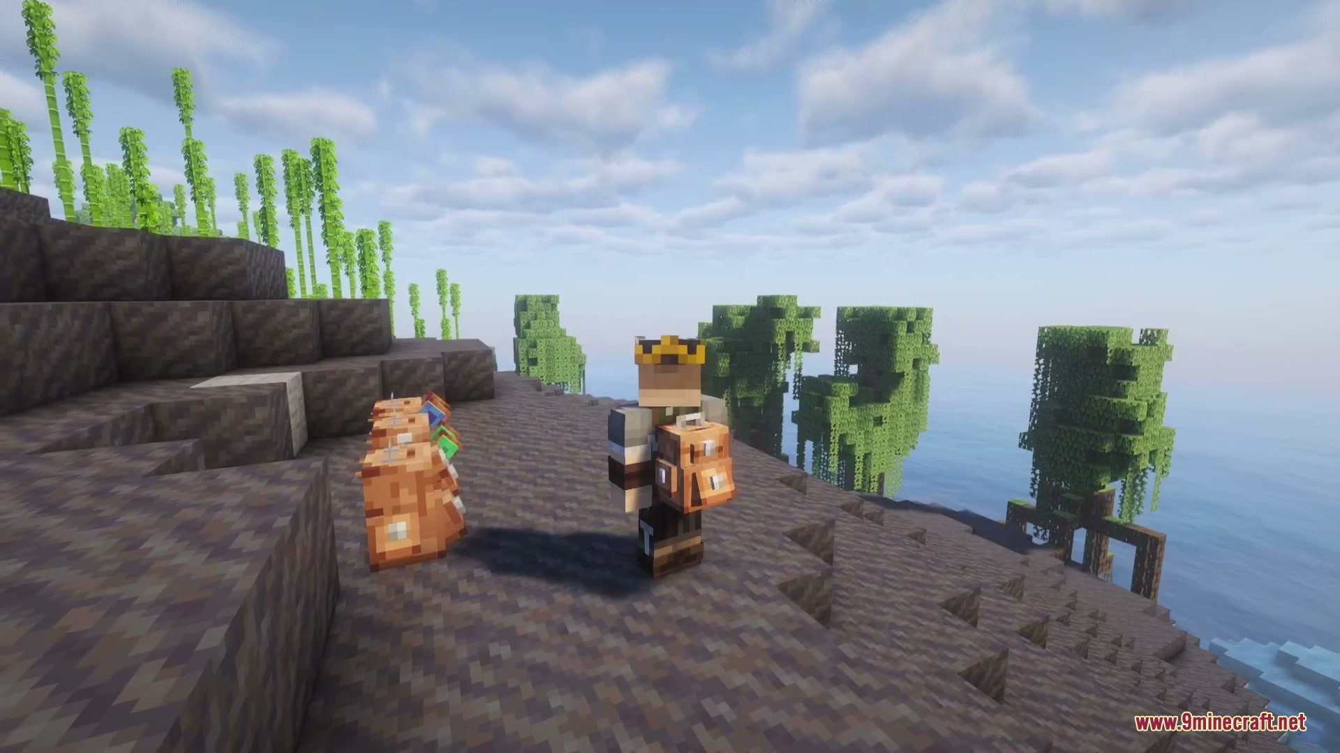 Vagabond Cargo Mod Screenshot 5 A character wearing a backpack stands near several backpacks placed on the ground