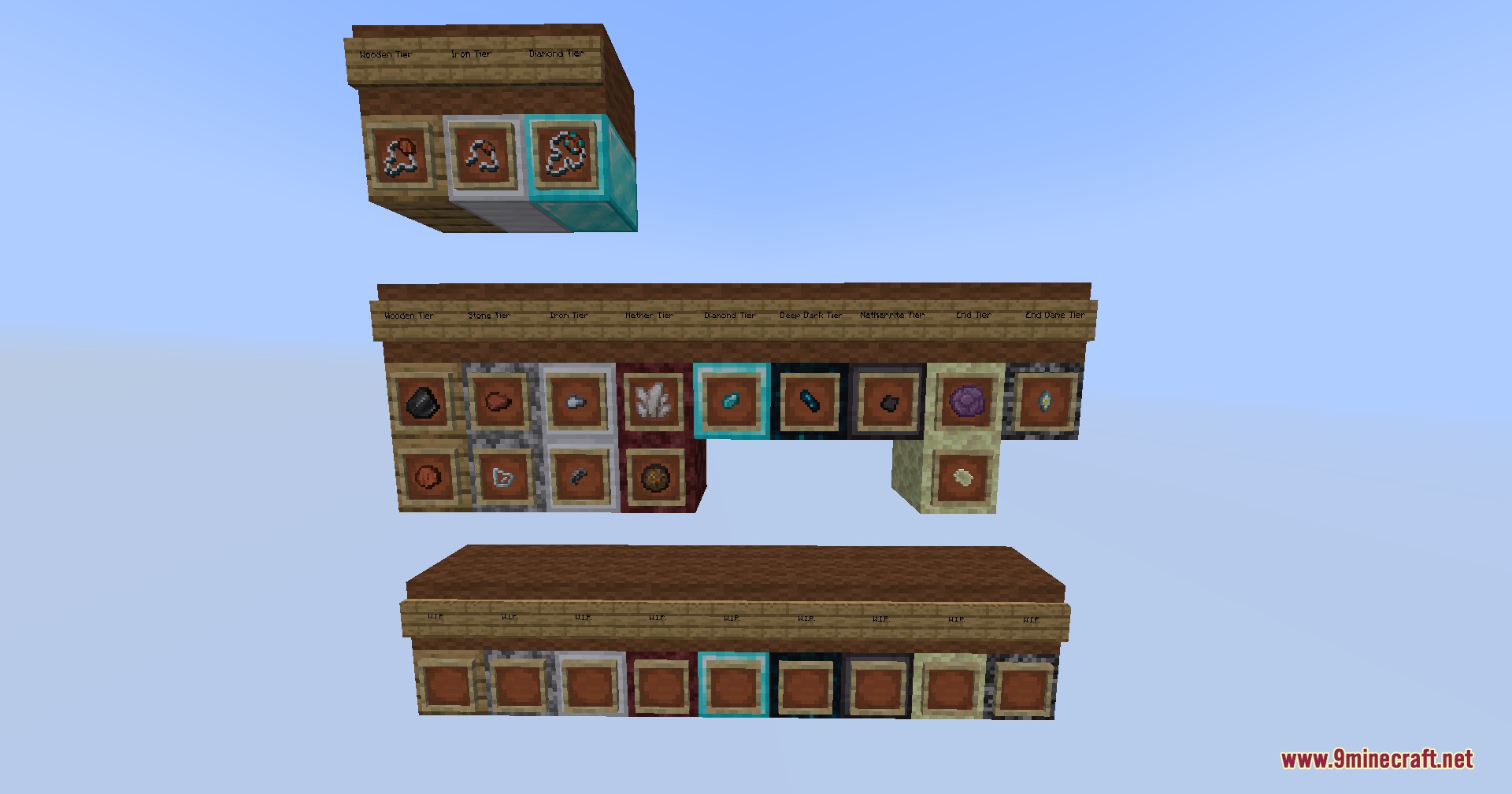 Vanguard Arsenal Elite Mod Screenshot 1 A display of various sling tiers and ammunition types in item frames