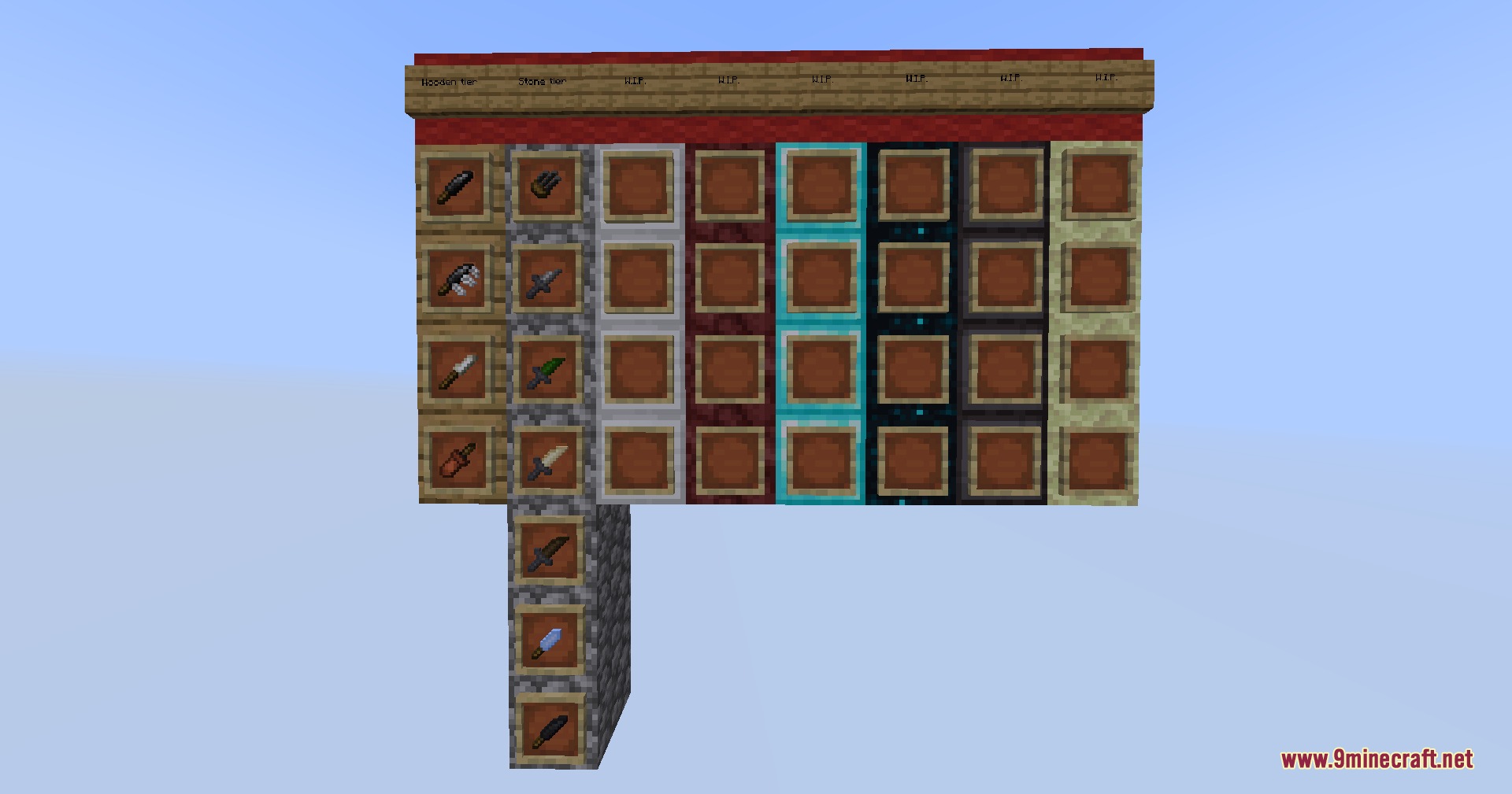 Vanguard Arsenal Elite Mod Screenshot 3 Various daggers and knives displayed in item frames across different material tiers