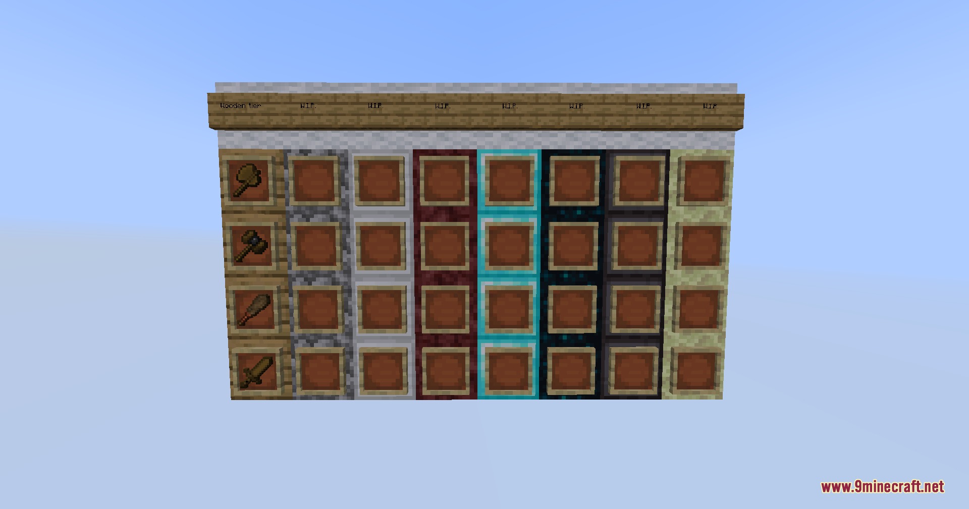 Vanguard Arsenal Elite Mod Screenshot 4 Different types of bats and clubs shown in item frames on walls