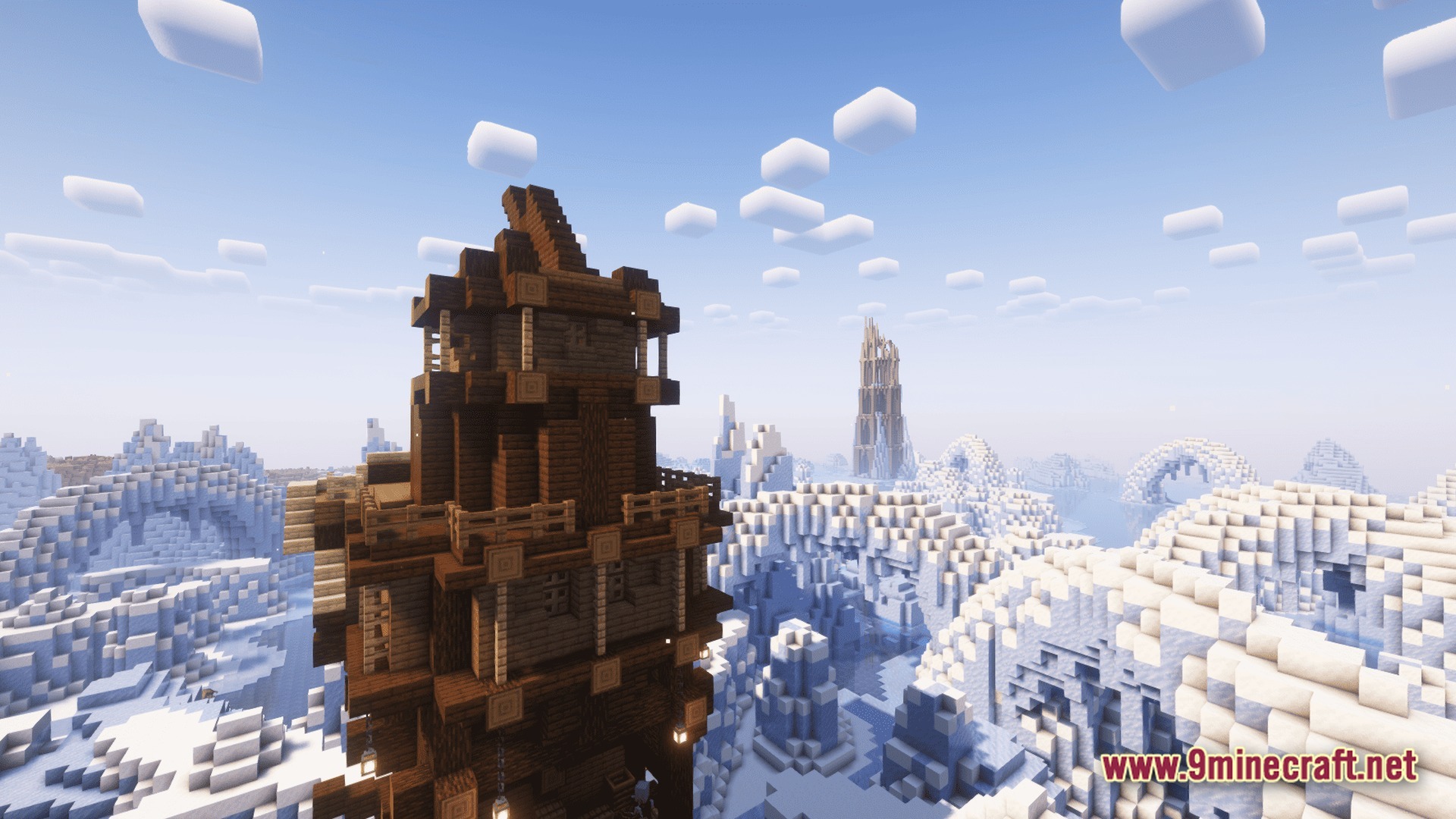 Vanguard of Echoes Modpack Screenshot 1 A wooden tower overlooks a vast frozen tundra biome filled with ice spikes and snow