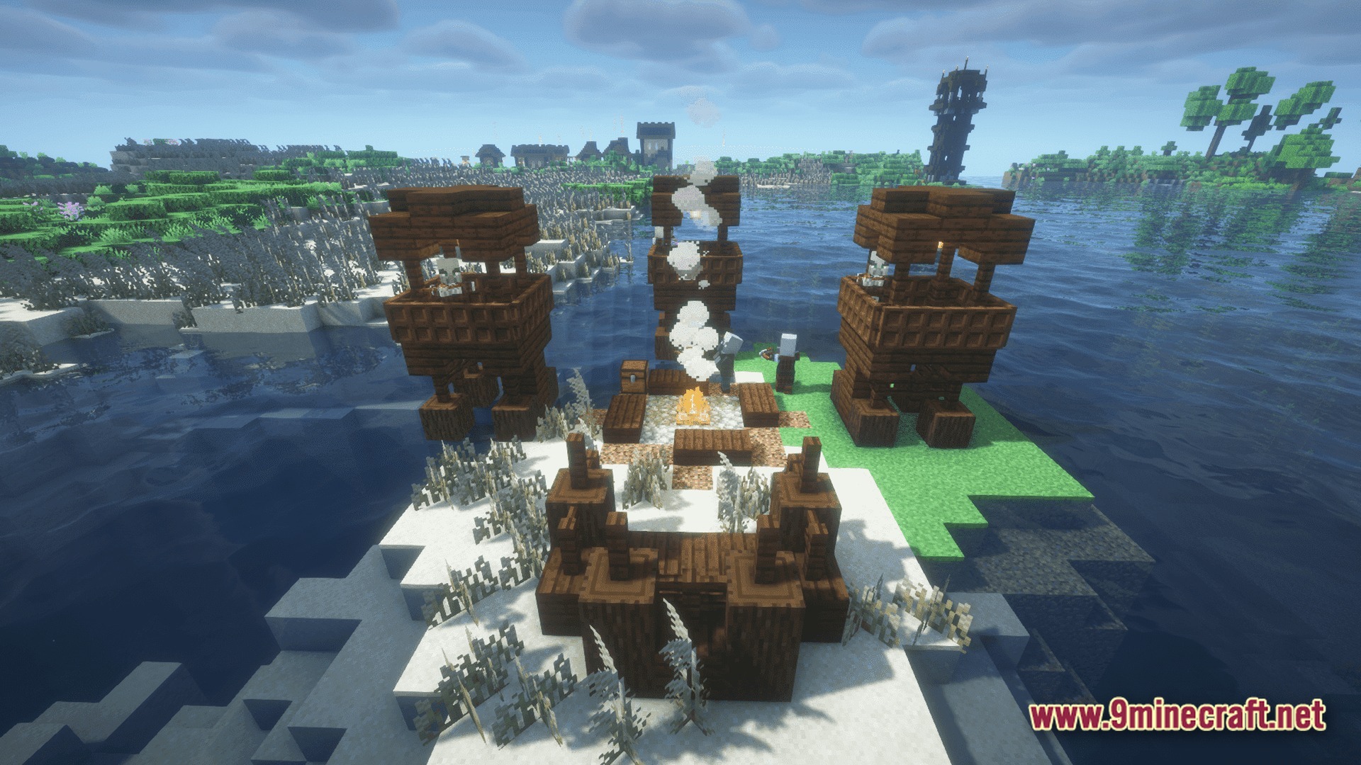 Vanguard of Echoes Modpack Screenshot 10 Illager watchtowers and a campfire setup on a small island near a coastal village