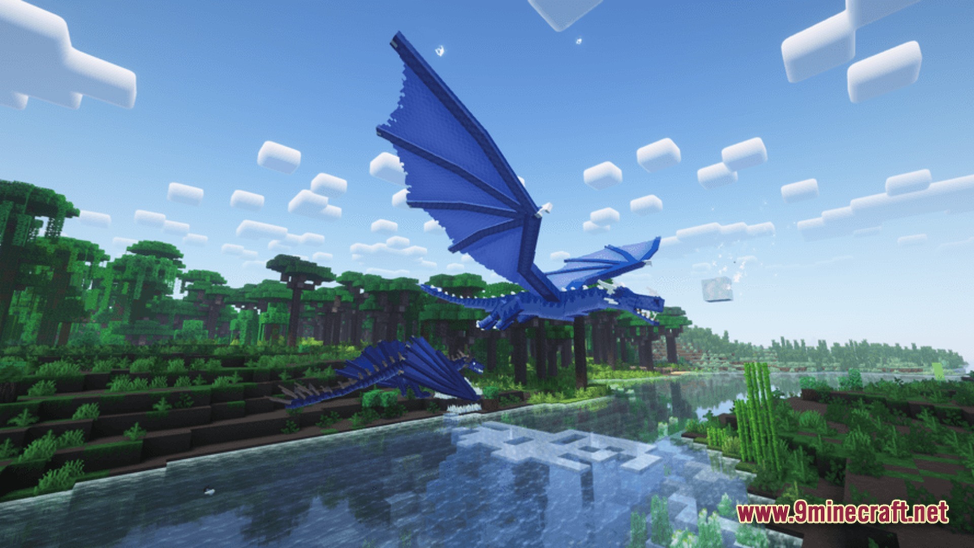 Vanguard of Echoes Modpack Screenshot 2 Two blue ice dragons fly over a lush jungle river under a clear blue sky