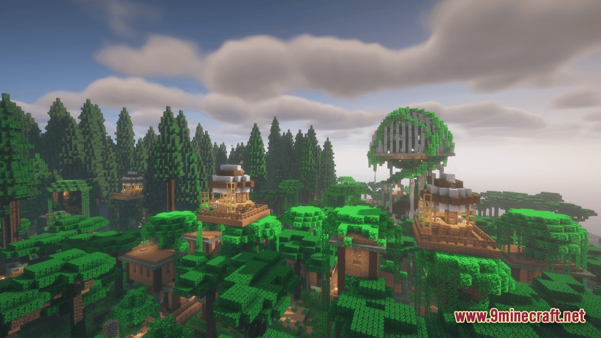 Vanguard of Echoes Modpack Screenshot 3 Wooden treehouse structures and elevated platforms nestled within a dense jungle and redwood forest biome