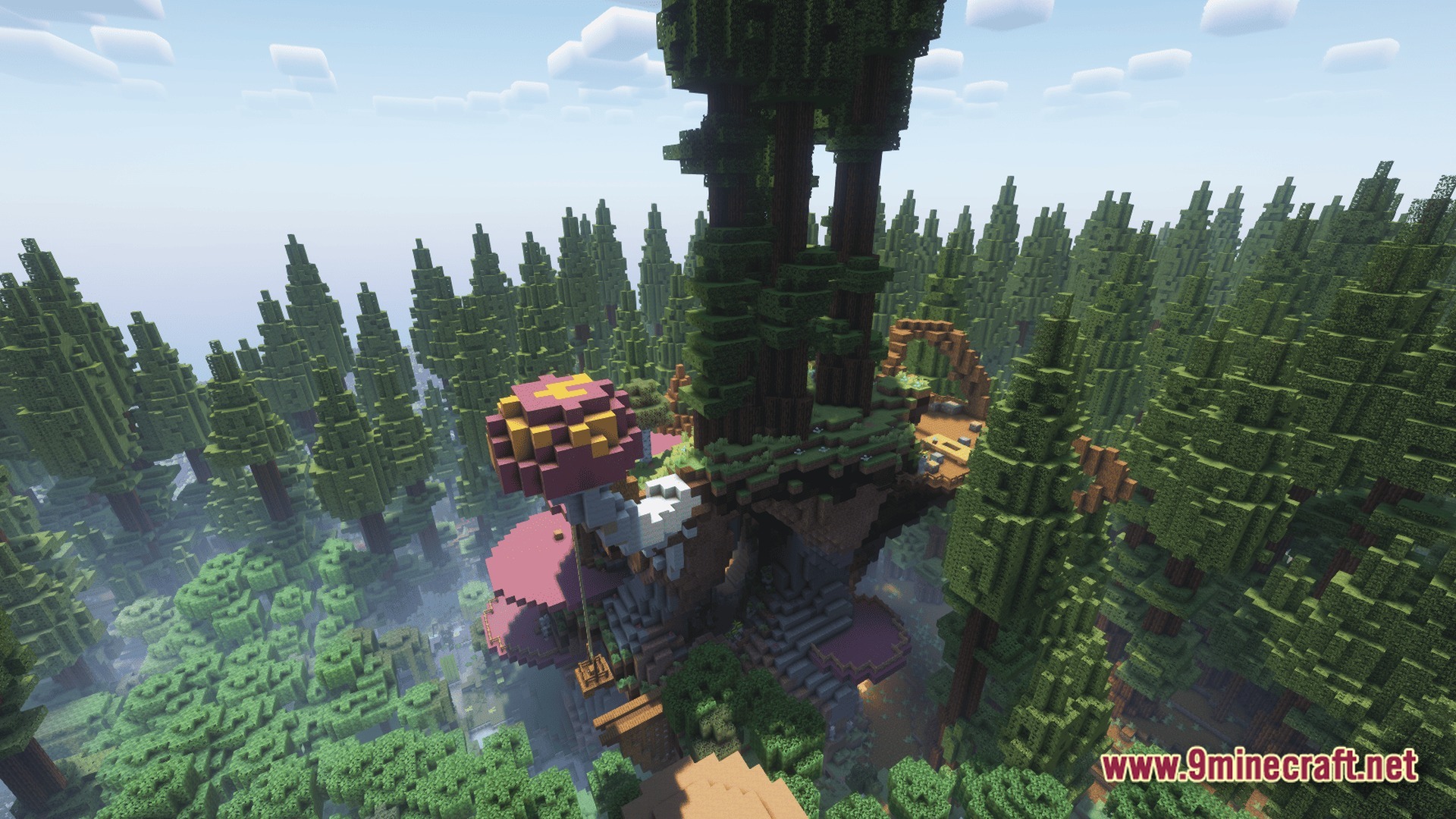 Vanguard of Echoes Modpack Screenshot 4 A large custom treehouse structure with pink mushroom platforms built within a dense coniferous forest biome