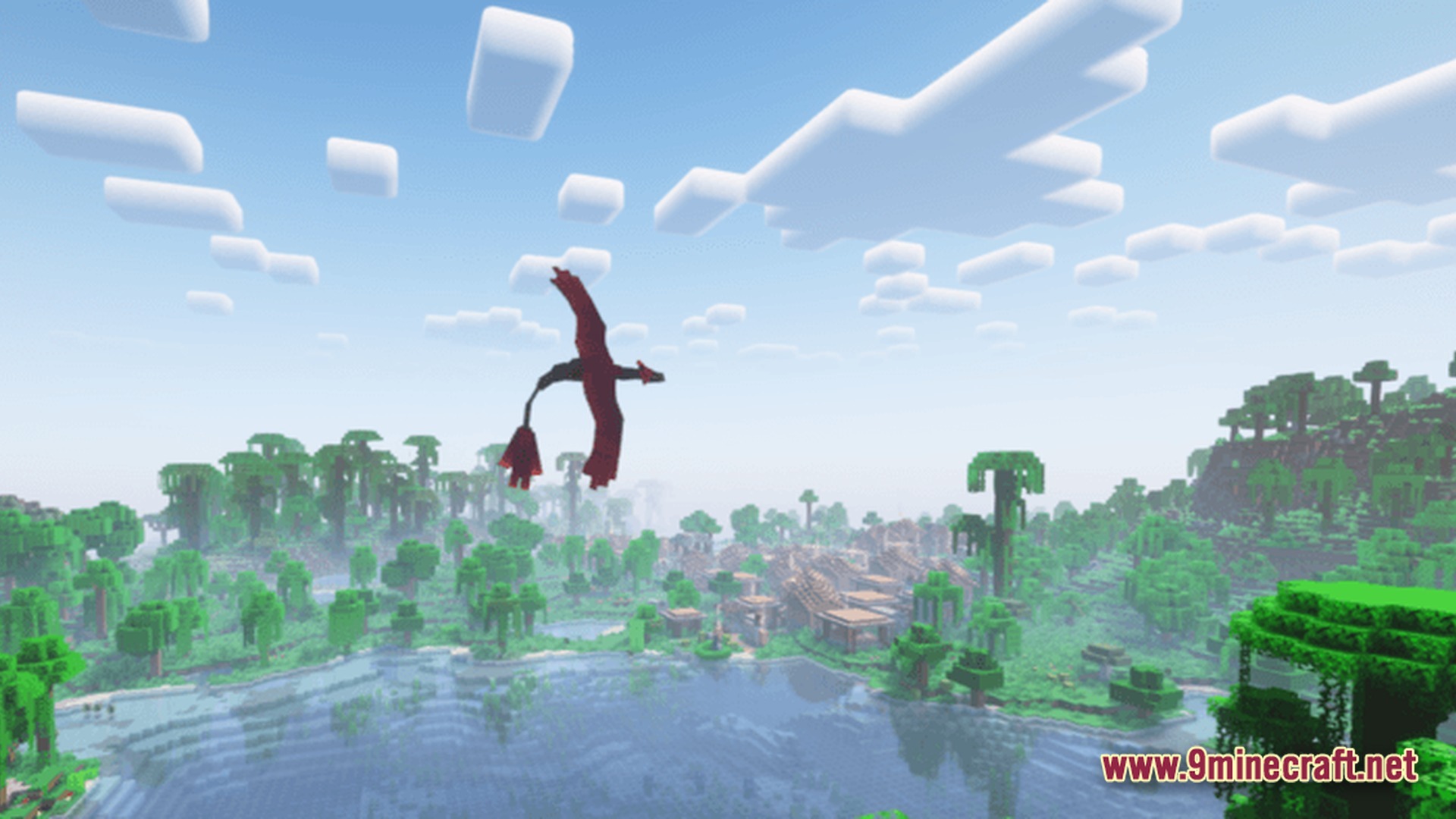 Vanguard of Echoes Modpack Screenshot 5 A red dragon flies over a jungle biome containing a village and a large lake