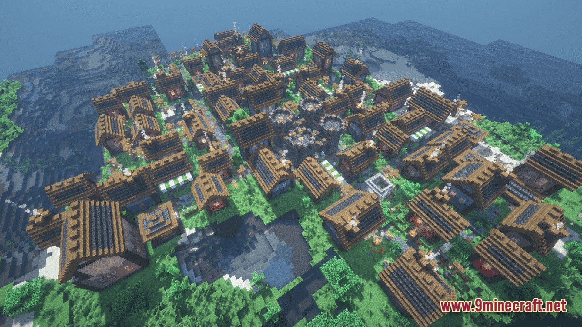 Vanguard of Echoes Modpack Screenshot 6 An aerial view of a densely populated medieval village with wooden houses and a stone castle
