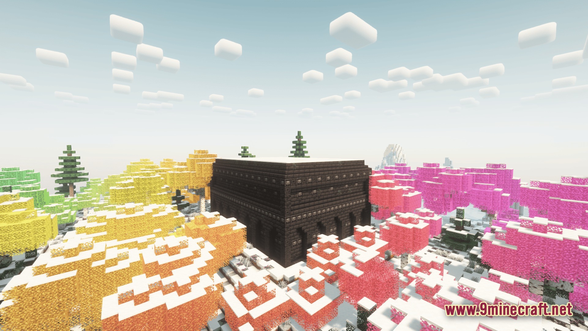 Vanguard of Echoes Modpack Screenshot 7 A dark stone structure stands centered within a snowy biome featuring vibrant yellow and pink trees