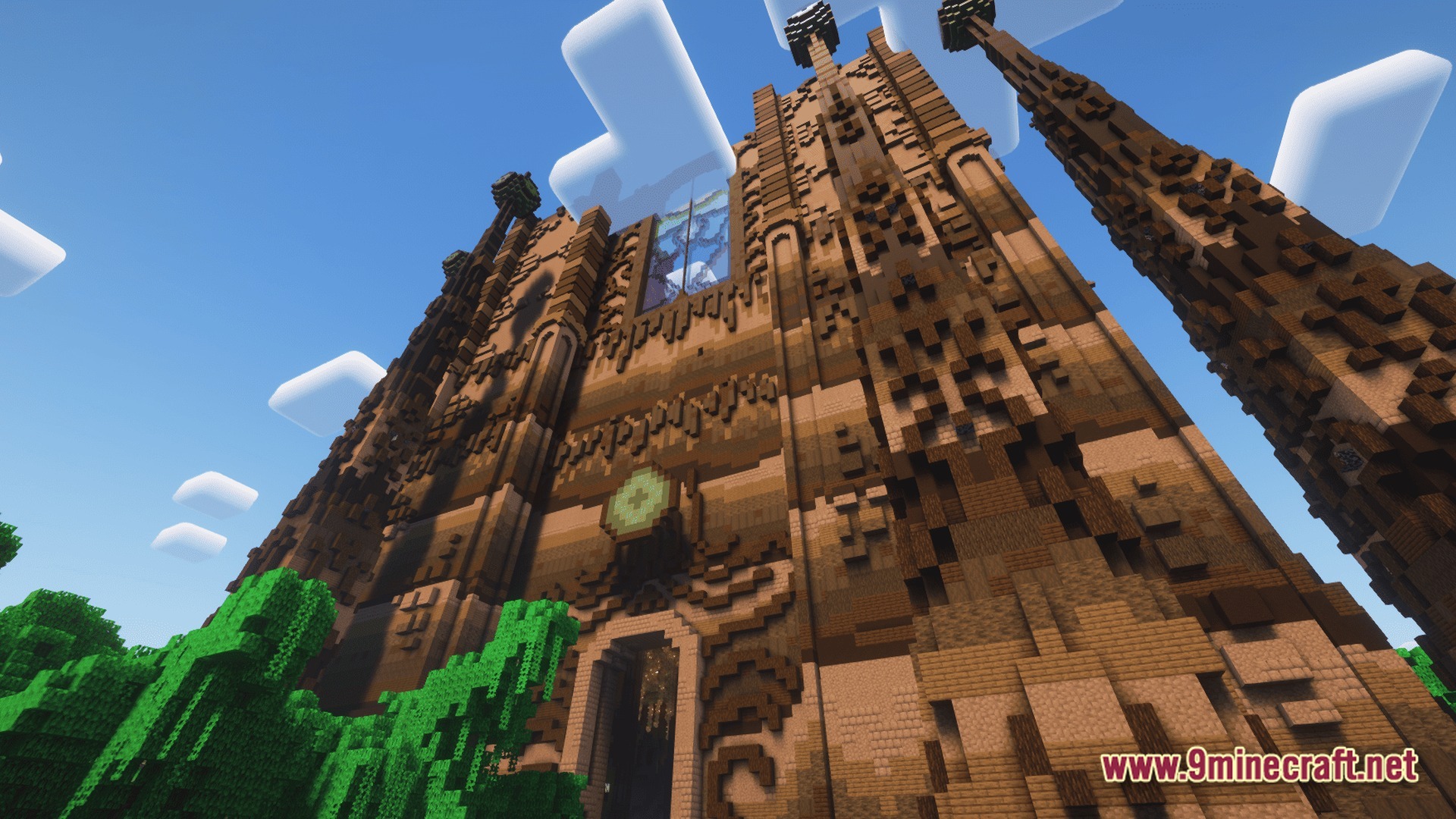 Vanguard of Echoes Modpack Screenshot 8 A massive, ornate wooden cathedral structure featuring intricate block detailing and towering spires under a blue sky