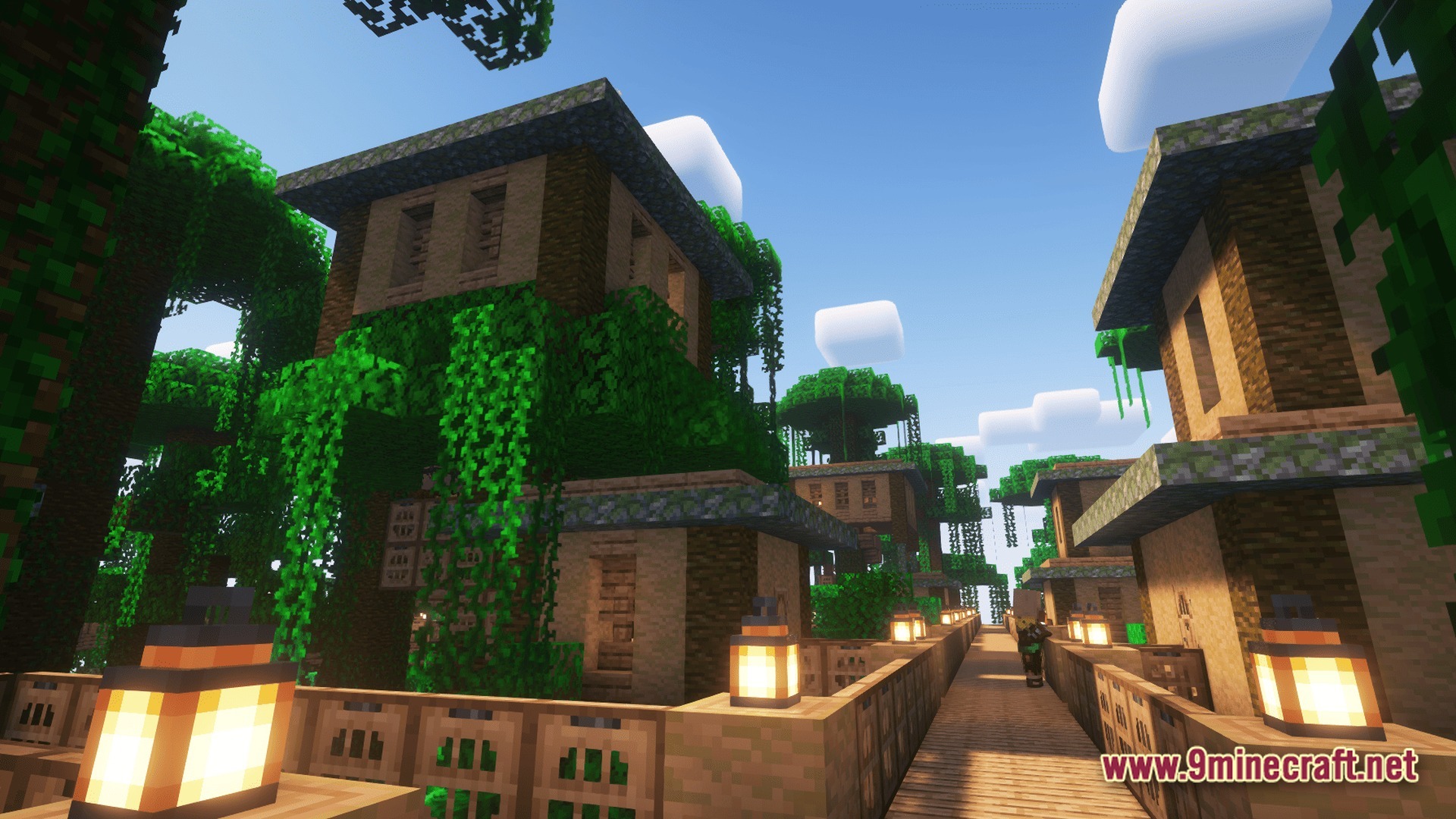 Vanguard of Echoes Modpack Screenshot 9 A wooden bridge with lanterns connects several multi-story jungle buildings covered in vines and leaves