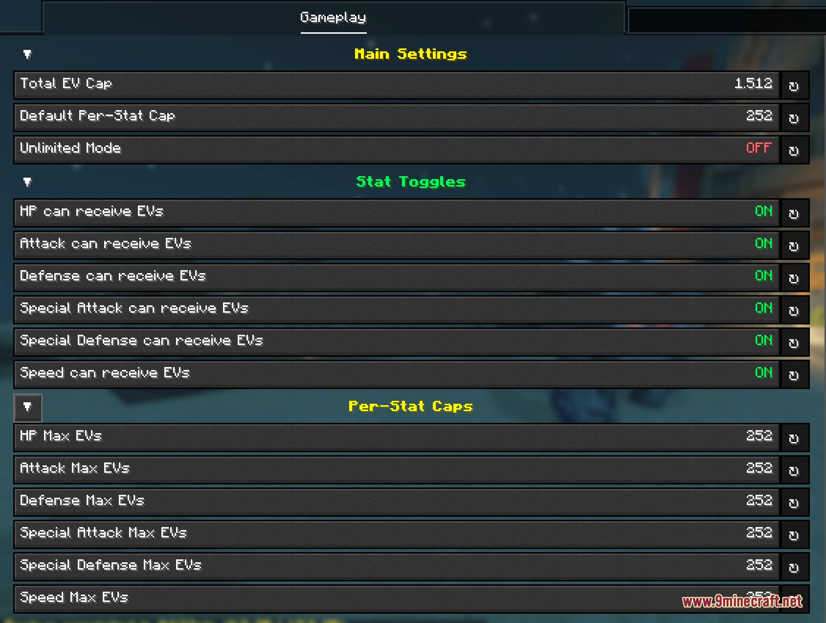 Vanguard Stat Zenith Mod Screenshot 5 Configuration screen for effort value caps and stat toggles in Cobblemon