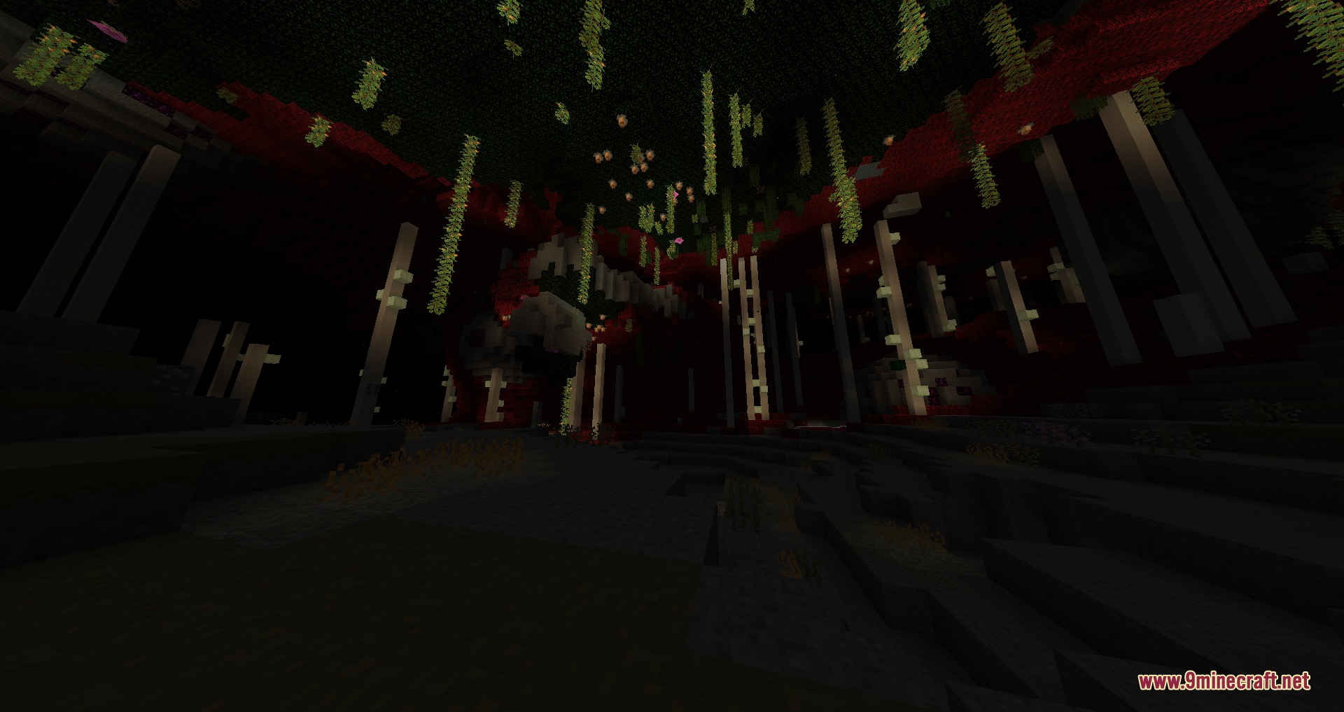 Vanguard of the Abyss Mod Screenshot 6 White pillars stand inside a dark biome with red ceilings and hanging vines