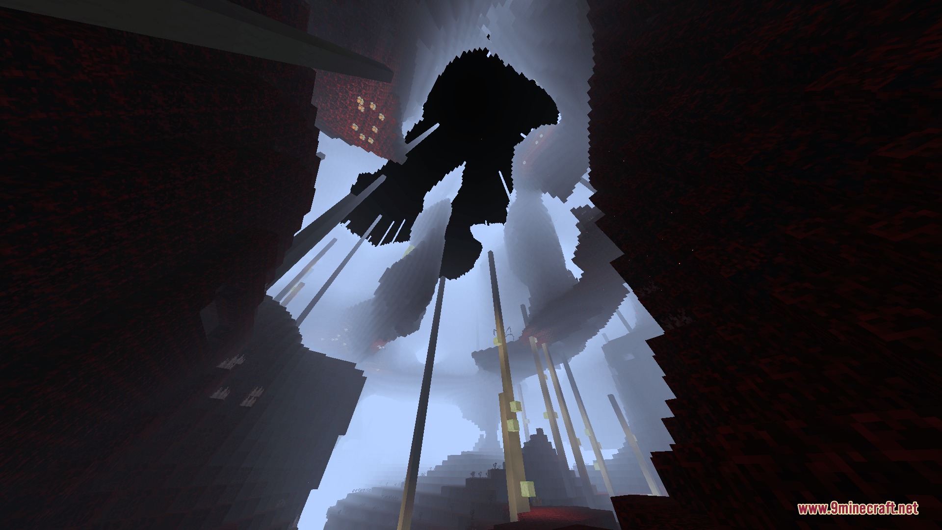 Vanguard of the Abyss Mod Screenshot 7 A dark abyss dimension featuring massive pillars and floating islands under foggy skies