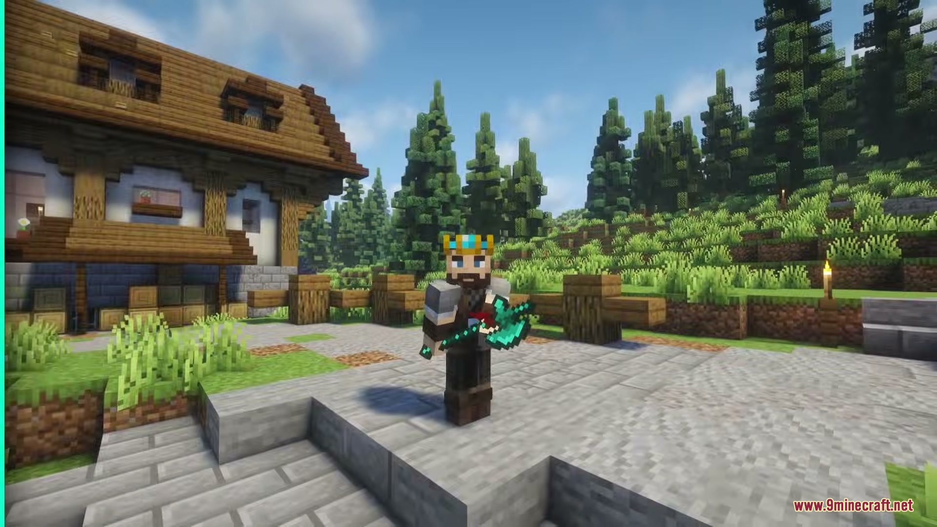 Vanilla Armory Mod Screenshot 1 A Minecraft player wearing a crown holds a large diamond battle axe