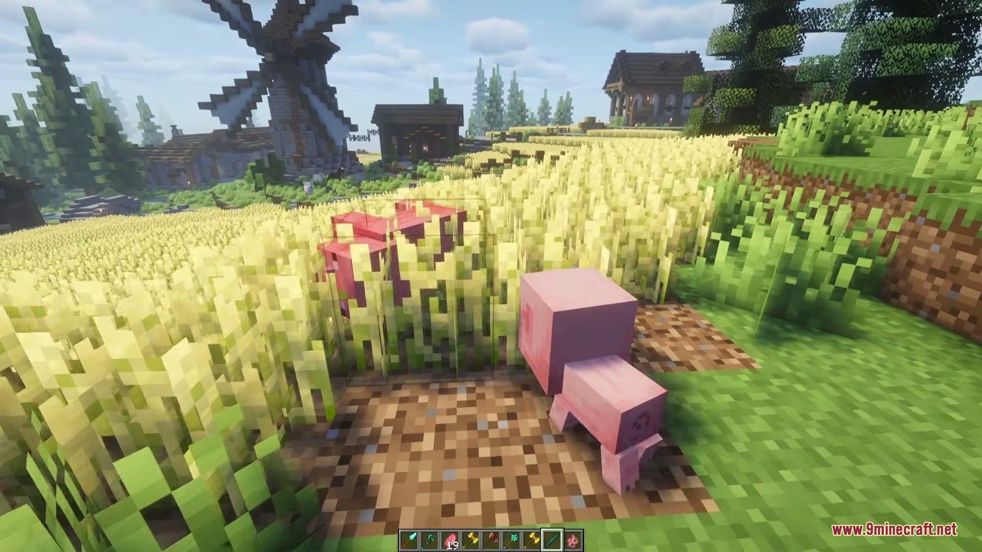 Vanilla Armory Mod Screenshot 11 Minecraft pigs wandering through a golden wheat field with a large windmill