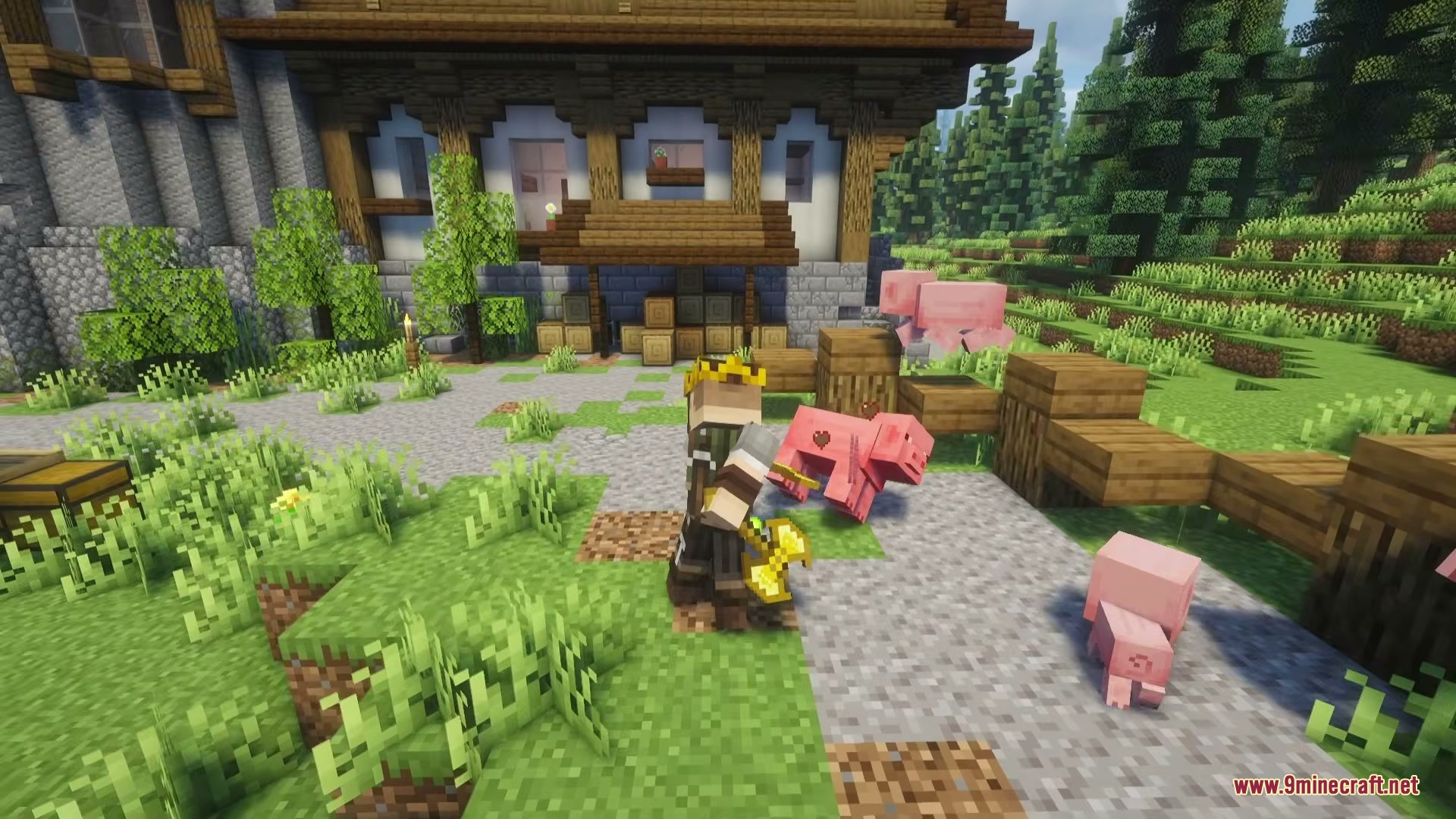 Vanilla Armory Mod Screenshot 3 A player wearing a crown holds a golden mace near some pigs