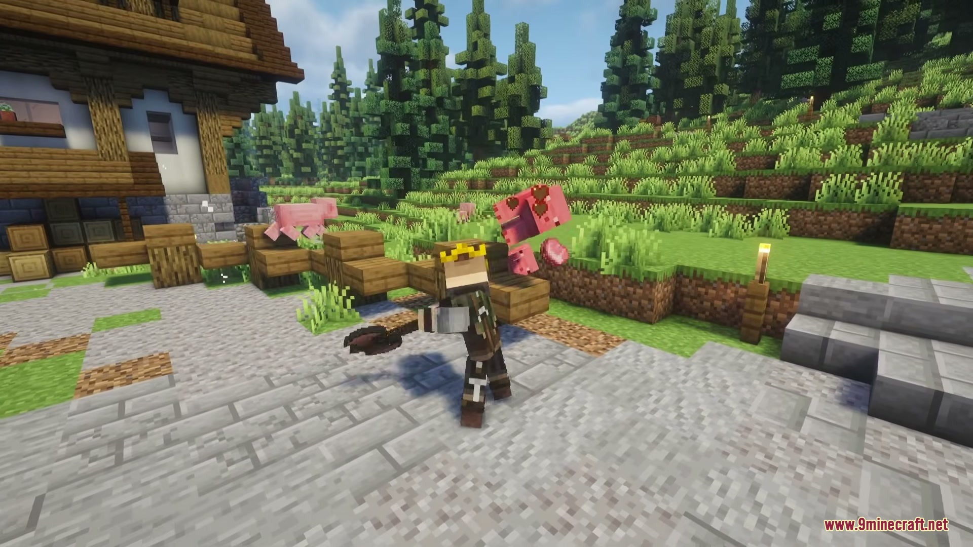 Vanilla Armory Mod Screenshot 4 A player uses a battle axe to attack a pig near a fence